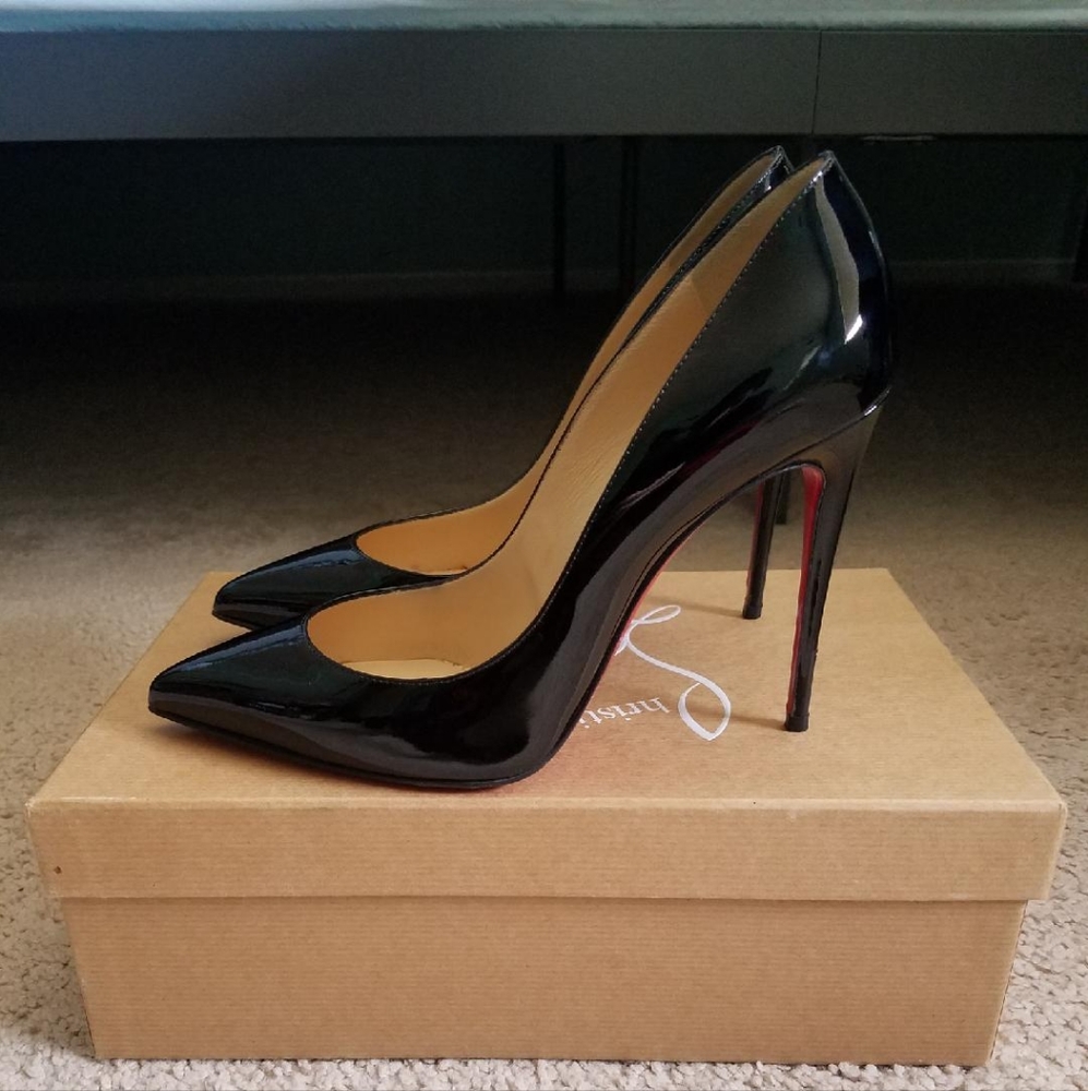 Christian Louboutin pigalle follies pointed toe pump, black patent, size 7.5
